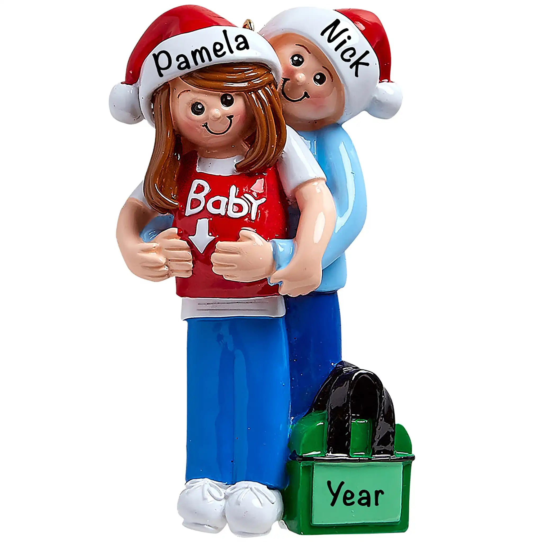 A personalized ornament depicting an expecting couple with the female displaying a baby bump. The male is wearing a blue sweater and the female a red top with 'Baby' written on it.