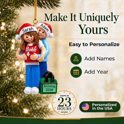 Personalized brunette expecting couple Christmas ornament: add two names and the year, personalized in the USA