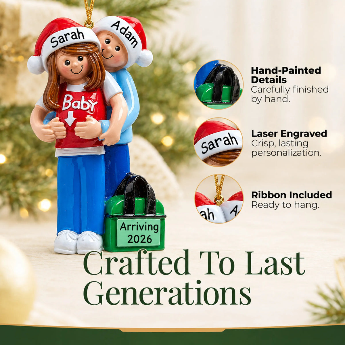 Expecting couple Christmas ornament details: hand-painted finish, personalized Santa hats, and ribbon for hanging