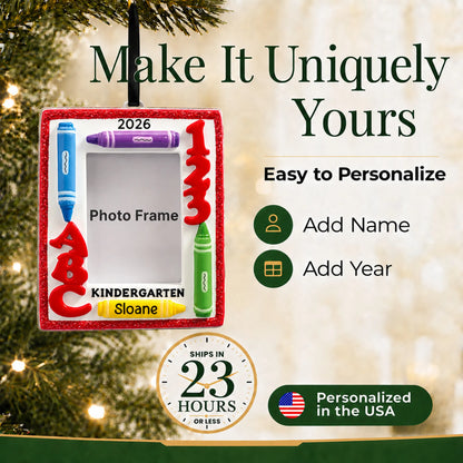 Personalize the kindergarten photo frame Christmas ornament with your details, ships in 23 hours, personalized in the USA