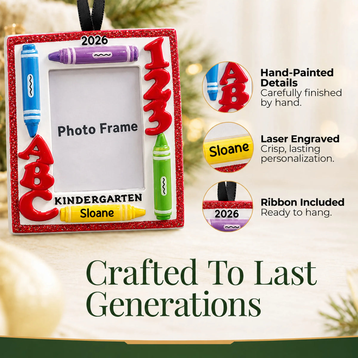 Close-up of the kindergarten photo frame Christmas ornament: hand-painted finish, laser engraving, ribbon included