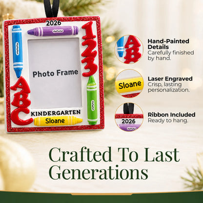 Close-up of the kindergarten photo frame Christmas ornament: hand-painted finish, laser engraving, ribbon included