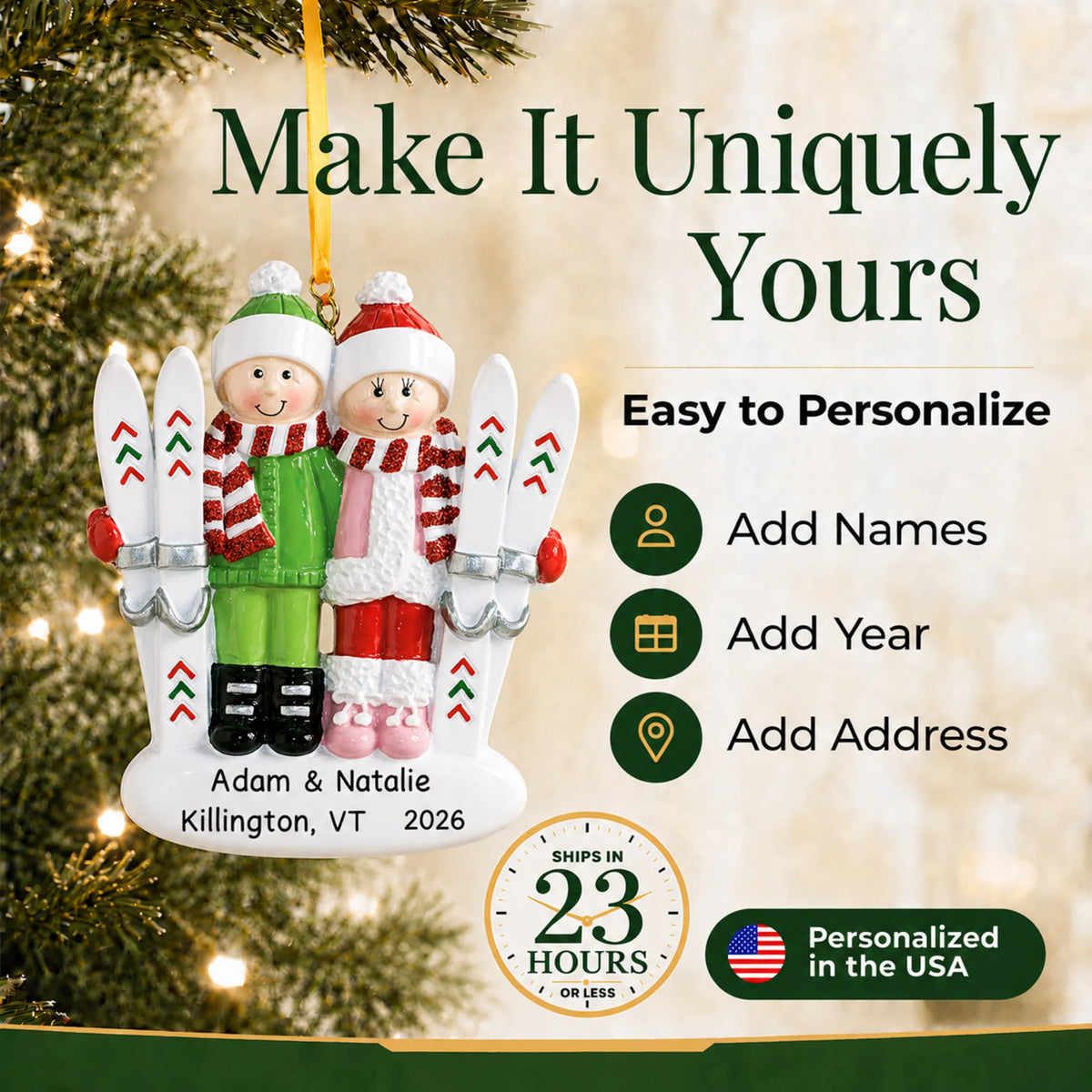 Make it yours: add names, address and year to the personalized ski couple christmas ornament