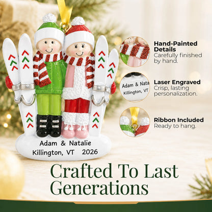 Hand-painted details and laser engraved personalization on the ski couple christmas ornament, ribbon included