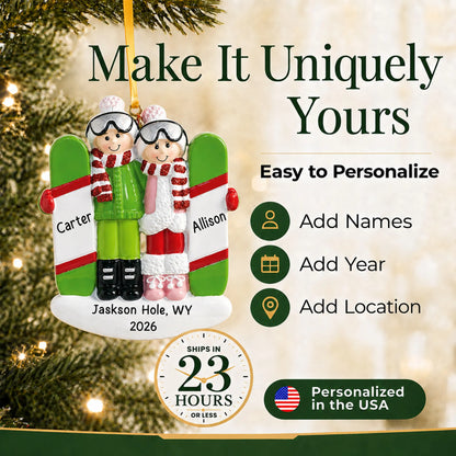 Make it yours: add names, location and year to the personalized snowboard couple christmas ornament