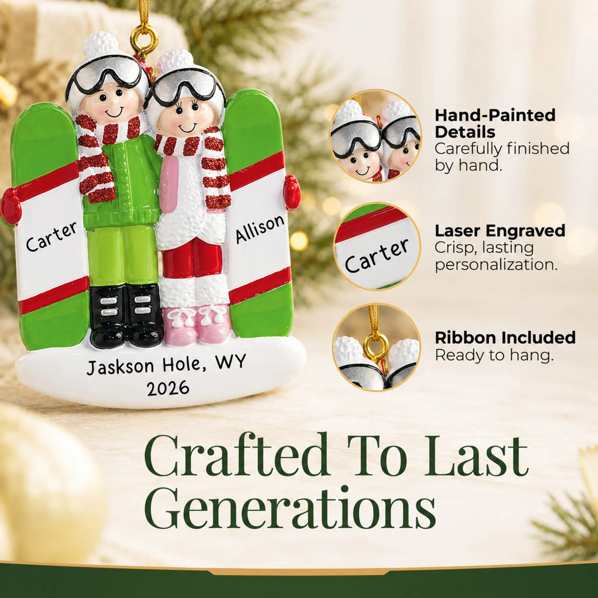 Hand-painted details and laser engraved personalization on the snowboard couple christmas ornament, ribbon included