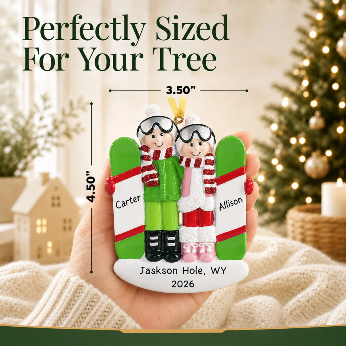 Size guide: the personalized snowboard couple christmas ornament shown in hand next to a Christmas tree