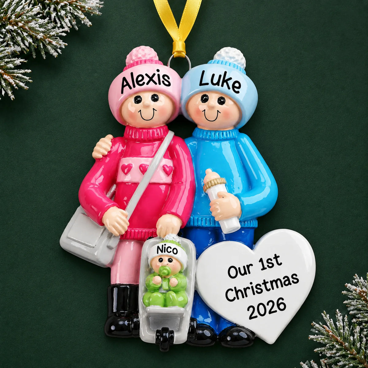 Personalized our new family christmas ornament on a dark green pine background