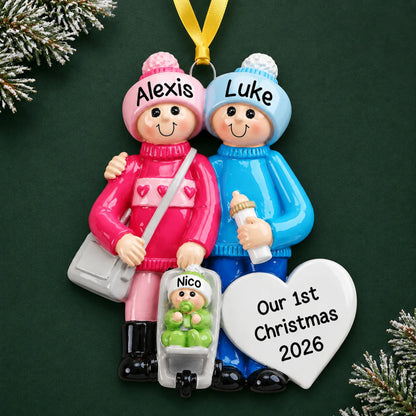 Personalized our new family christmas ornament on a dark green pine background