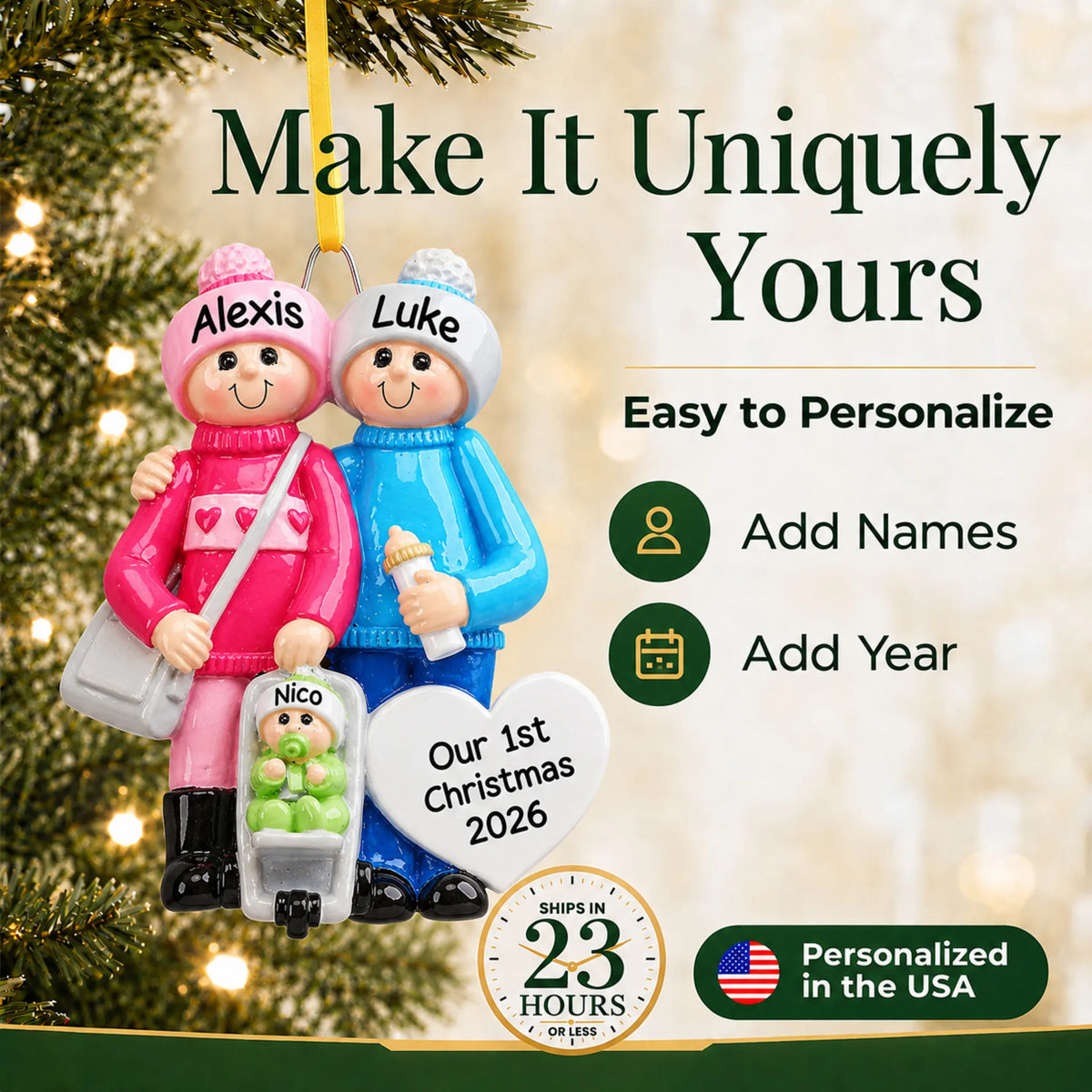 Make it yours: add names and year to the personalized our new family christmas ornament