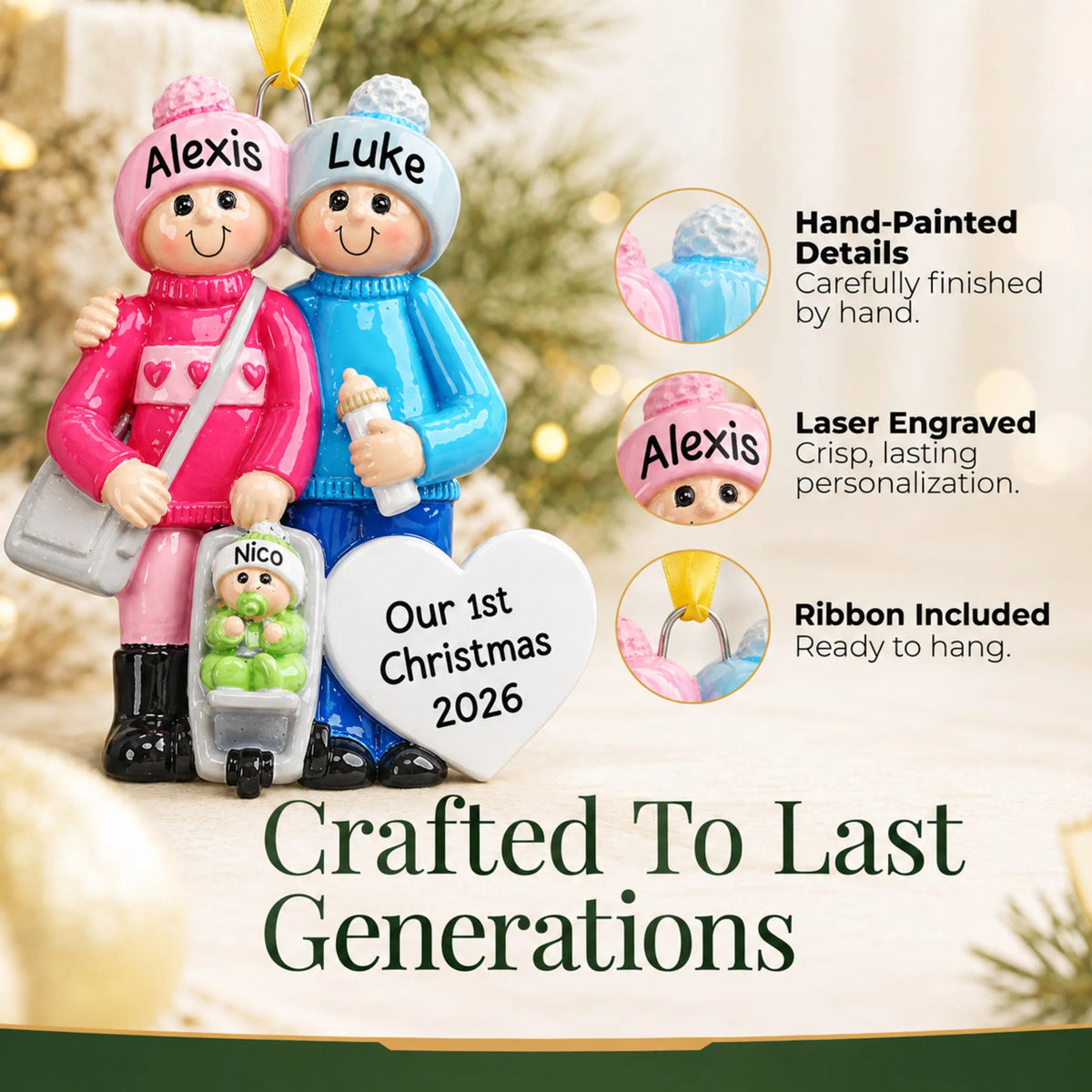 Hand-painted details and laser engraved personalization on the our new family christmas ornament, ribbon included