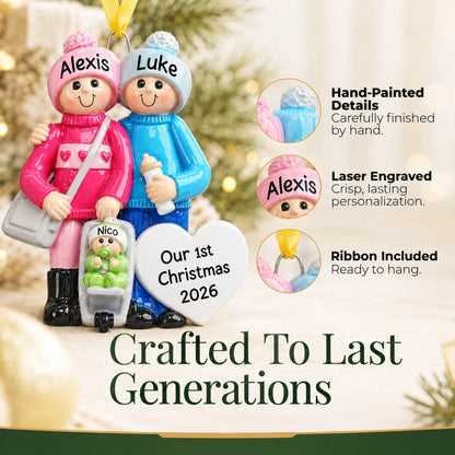 Hand-painted details and laser engraved personalization on the our new family christmas ornament, ribbon included