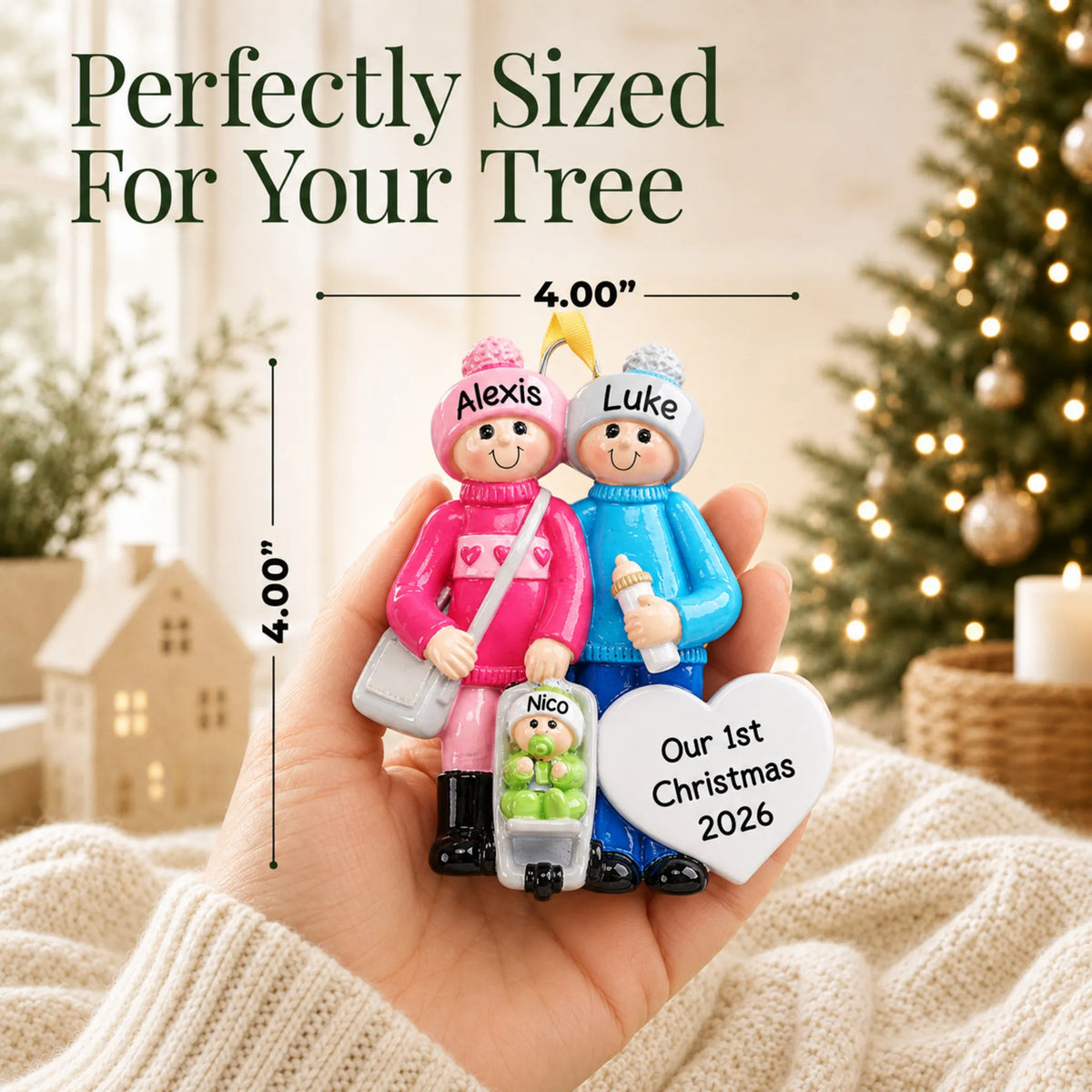 Size guide: the personalized our new family christmas ornament is 4.00 in wide by 4.00 in tall, shown in hand