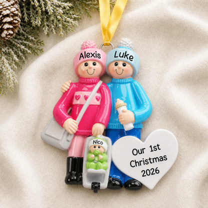 Personalized our new family christmas ornament laid on a soft white knit blanket