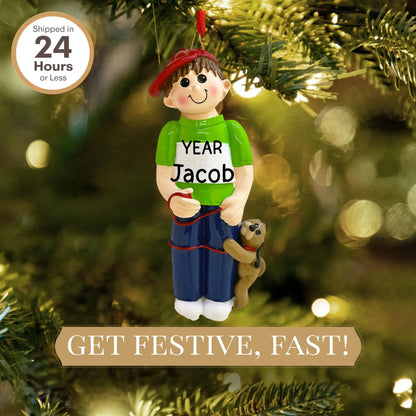 Adorno navideño de niño con perro 