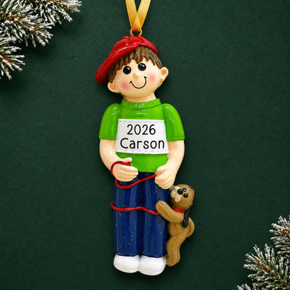 Personalized Boy With Dog christmas ornament on a dark green pine background