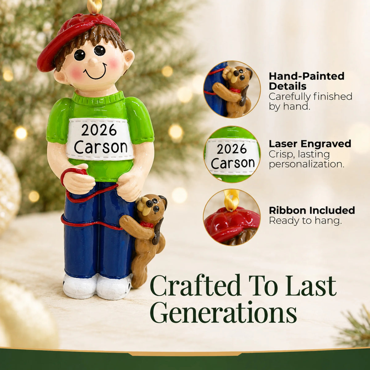 Hand-painted, laser engraved Boy With Dog christmas ornament, ribbon included