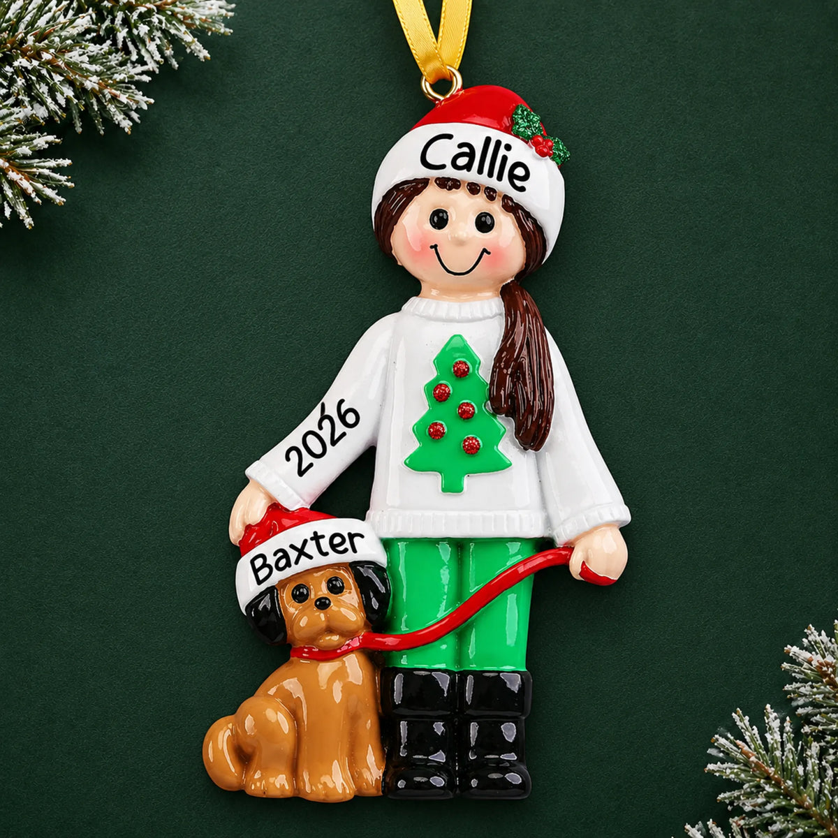 Personalized Girl With Dog christmas ornament on a dark green pine background