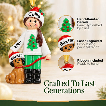 Hand-painted, laser engraved Girl With Dog christmas ornament, ribbon included