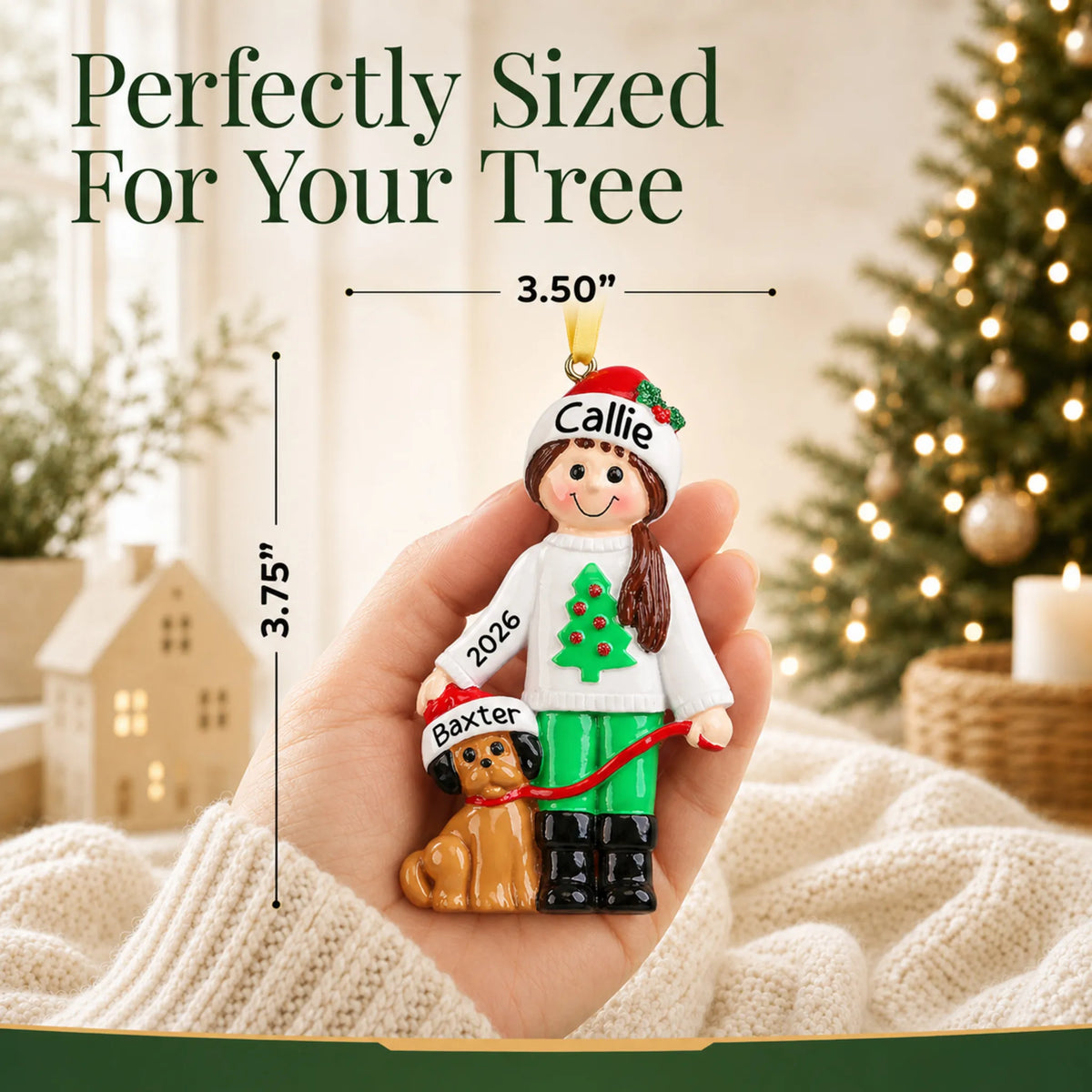 Size guide: the personalized Girl With Dog christmas ornament is 3.50 in wide by 3.75 in tall, shown in hand