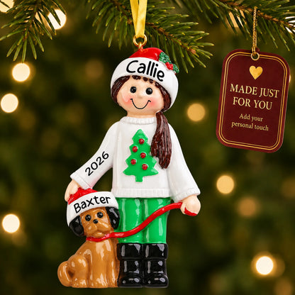 Girl With Dog christmas ornament hanging on a lit Christmas tree with a Made Just For You gift tag