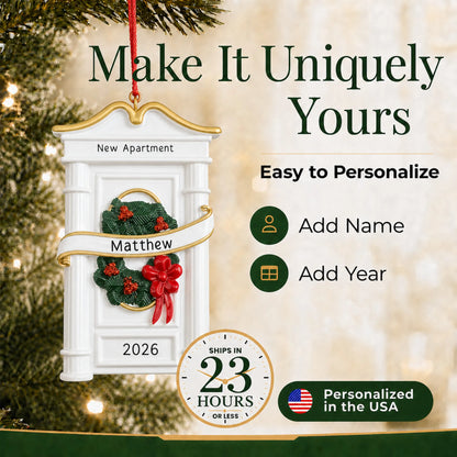 Make it yours: personalize the New or First Apartment christmas ornament with a name and the year