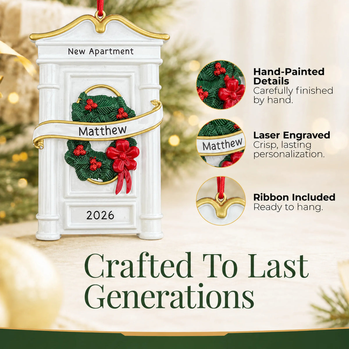 Hand-painted, laser engraved New or First Apartment christmas ornament, ribbon included