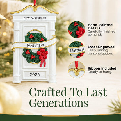 Hand-painted, laser engraved New or First Apartment christmas ornament, ribbon included
