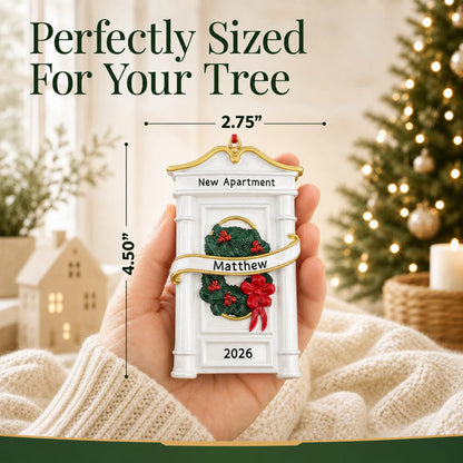 Size guide: the personalized New or First Apartment christmas ornament is 2.75 in wide by 4.50 in tall, shown in hand