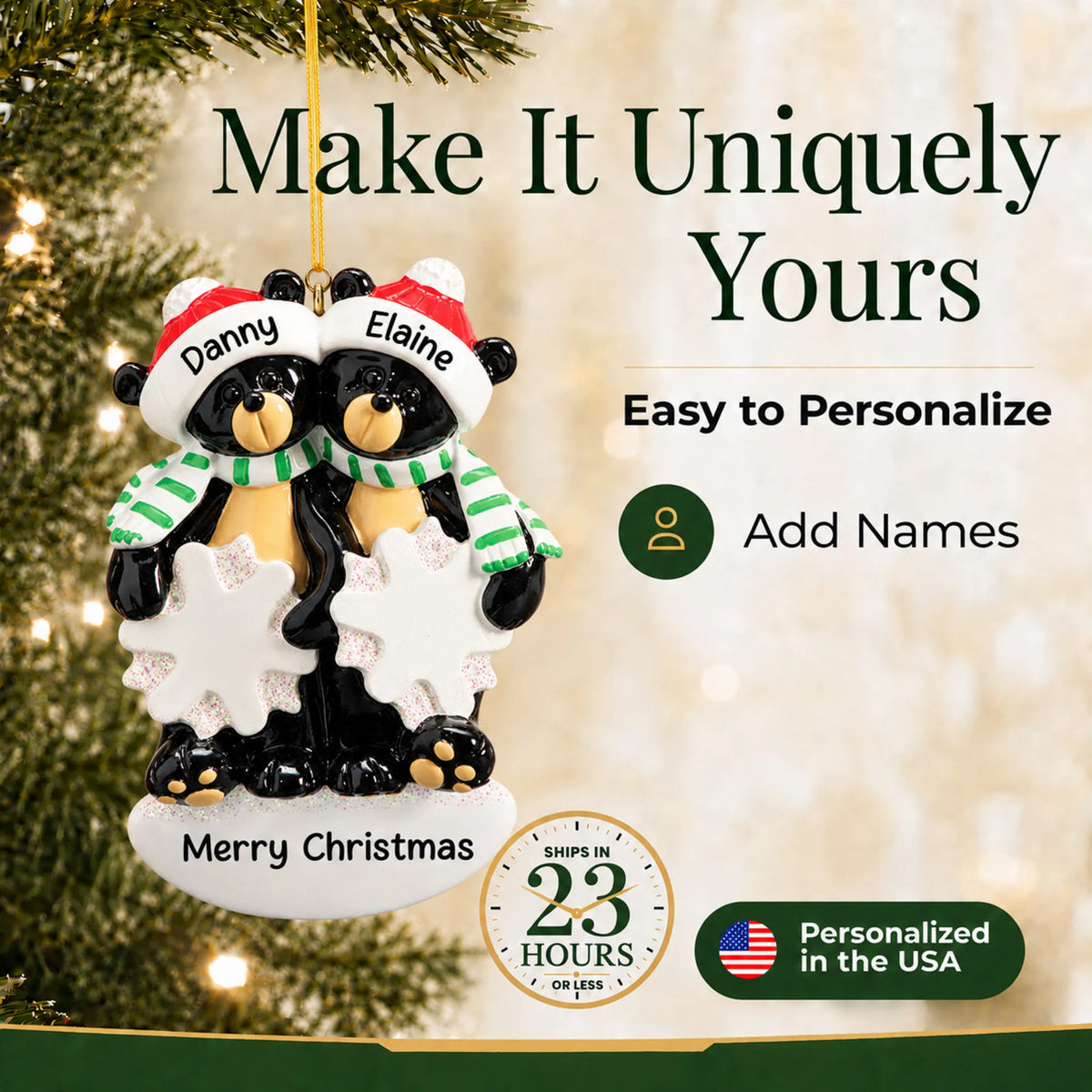Make it yours: add names to the personalized black bear couple christmas ornament