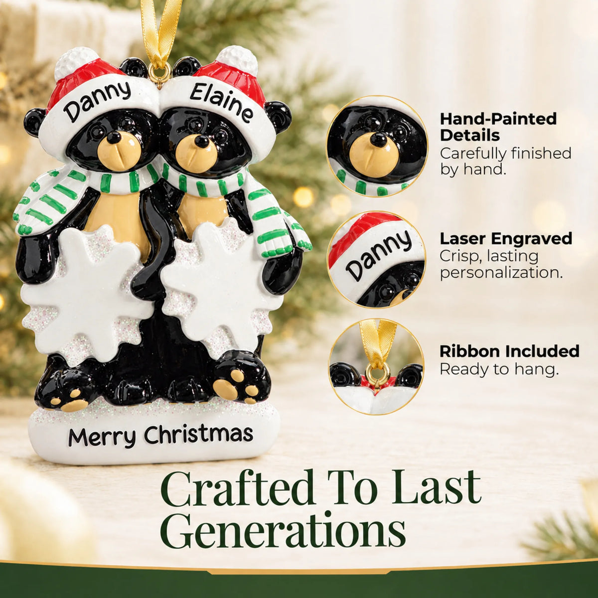 Hand-painted details and laser engraved personalization on the black bear couple christmas ornament, ribbon included