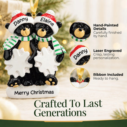 Hand-painted details and laser engraved personalization on the black bear couple christmas ornament, ribbon included