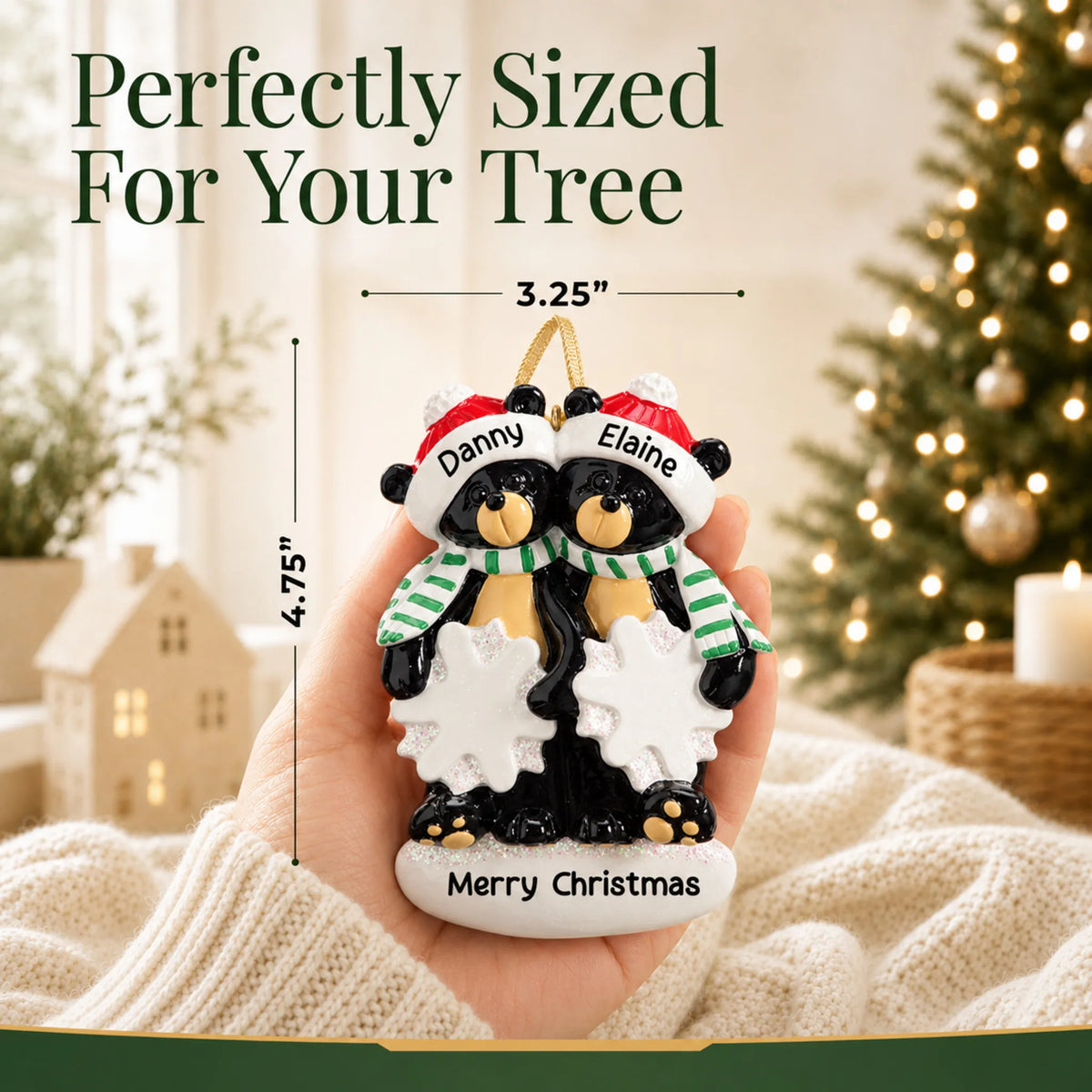 Size guide: the personalized black bear couple christmas ornament is 3.25 in wide by 4.75 in tall, shown in hand