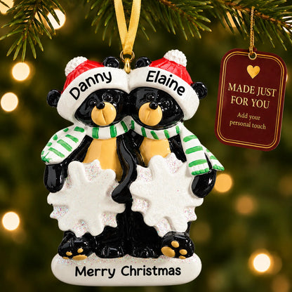 Black bear couple christmas ornament hanging on a lit Christmas tree with a Made Just For You gift tag