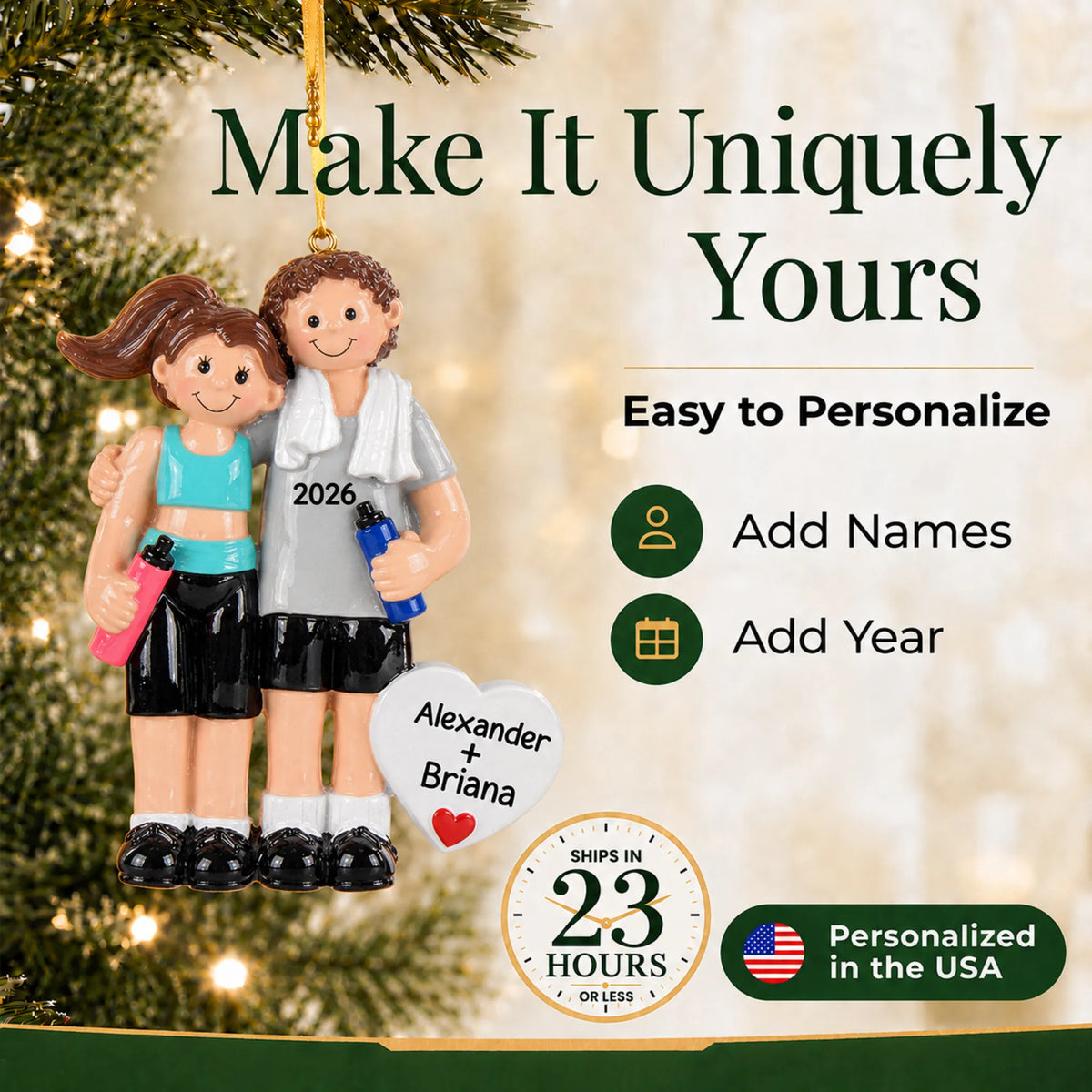 Make it yours: add names and year to the personalized workout couple christmas ornament