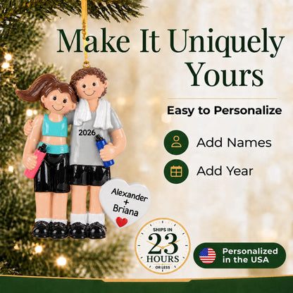 Make it yours: add names and year to the personalized workout couple christmas ornament