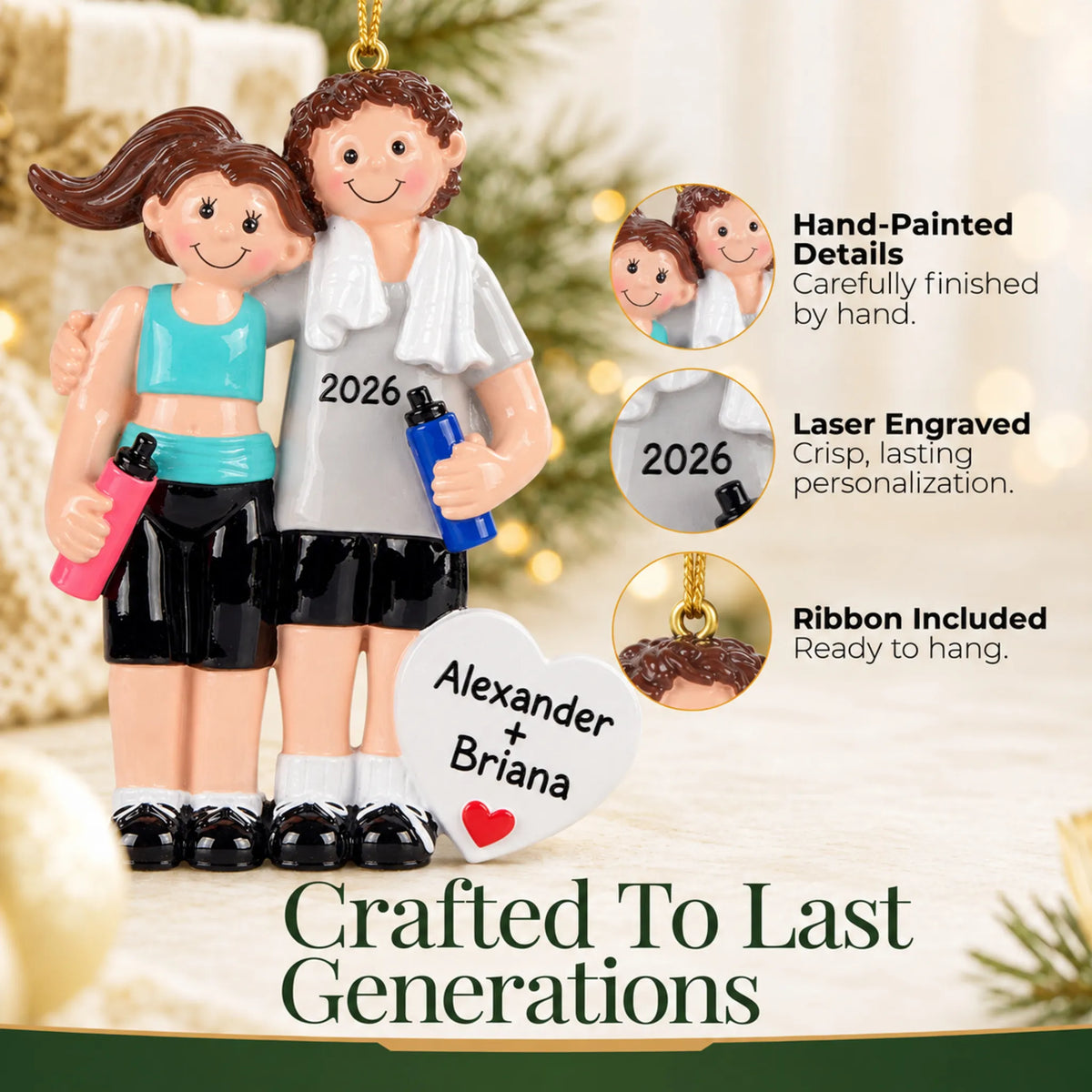 Hand-painted details and laser engraved personalization on the workout couple christmas ornament, ribbon included