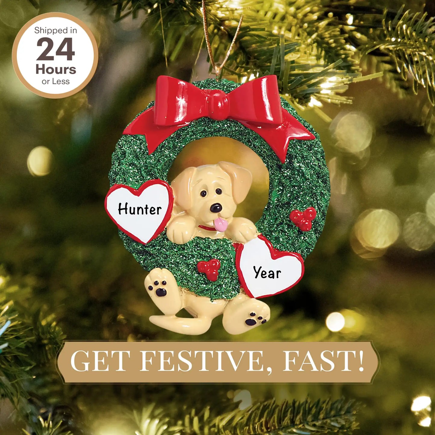 Adorno navideño de corona con purpurina de Labrador amarillo 