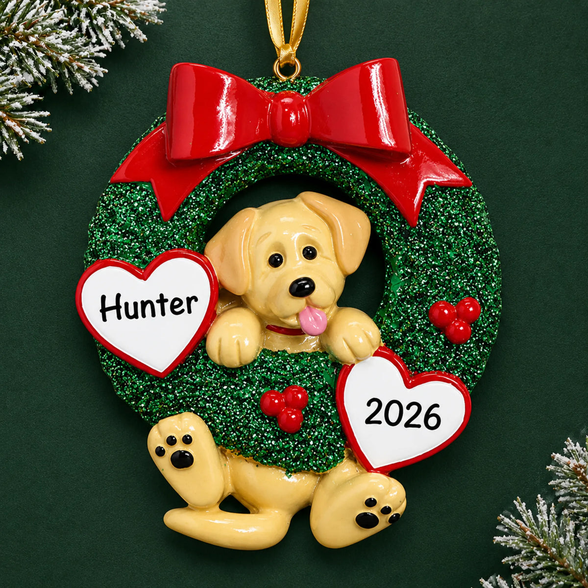 Personalized Yellow Lab Glitter Wreath christmas ornament on a dark green pine background