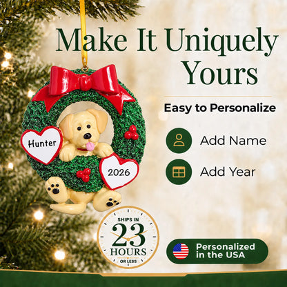 Make it yours: personalize the Yellow Lab Glitter Wreath christmas ornament with your dog's name and the year