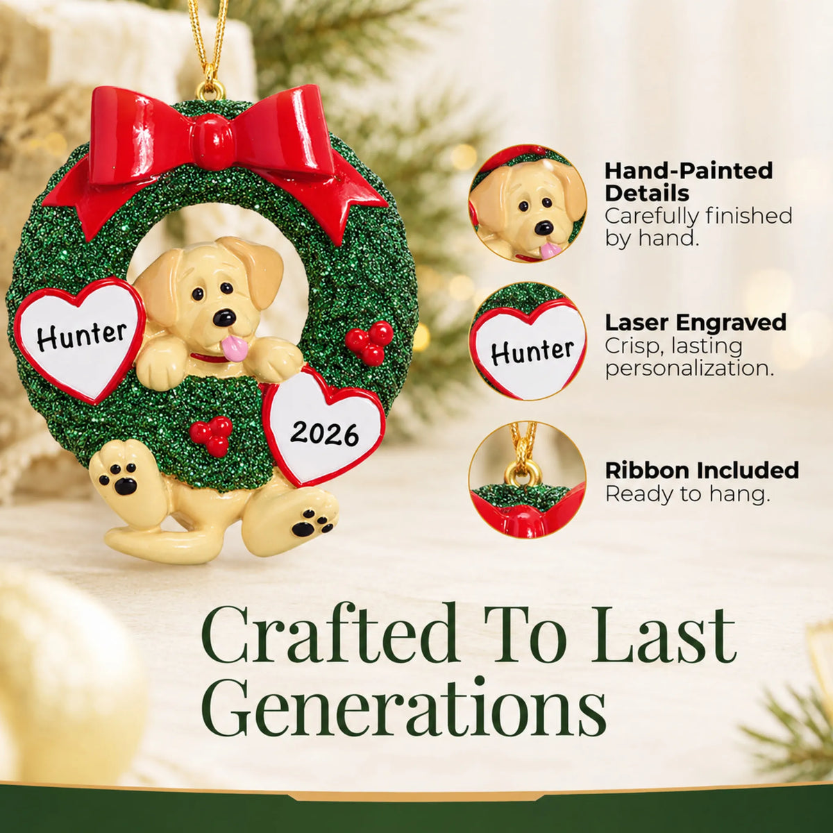 Hand-painted, laser engraved Yellow Lab Glitter Wreath christmas ornament, ribbon included