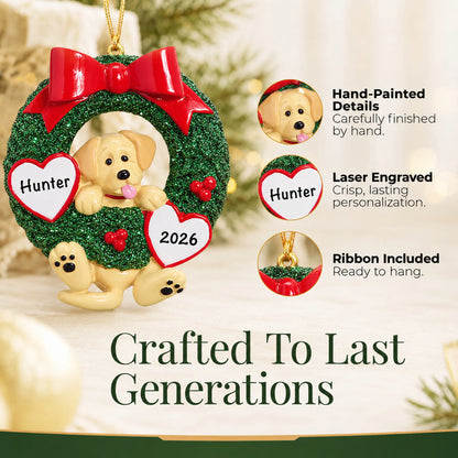 Hand-painted, laser engraved Yellow Lab Glitter Wreath christmas ornament, ribbon included