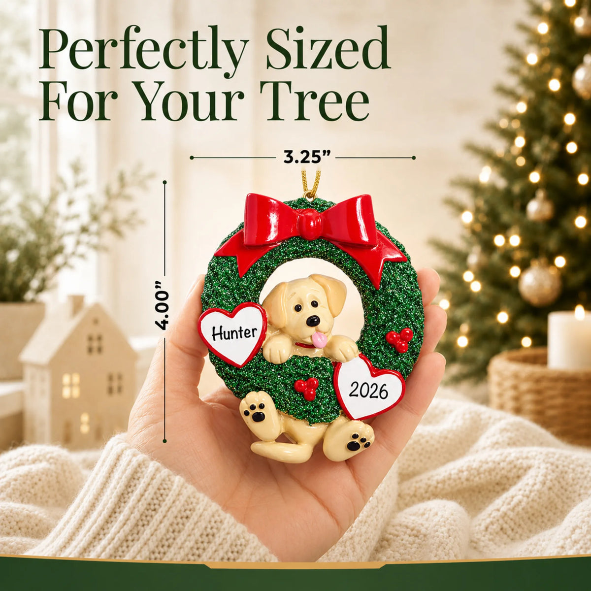 Size guide: the personalized Yellow Lab Glitter Wreath christmas ornament is 3.25 in wide by 4.00 in tall, shown in hand