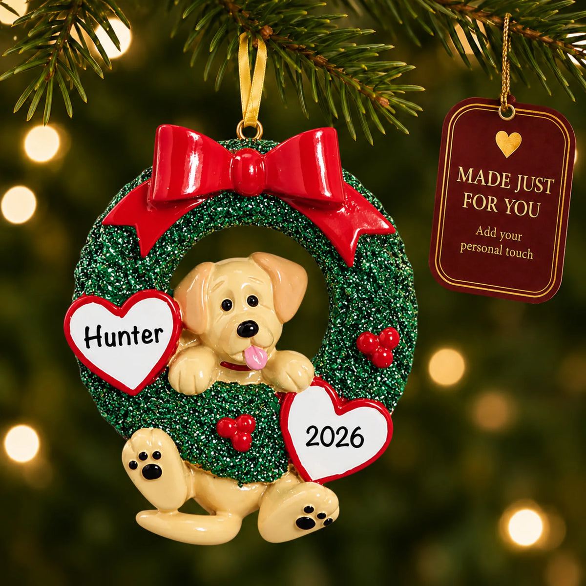 Yellow Lab Glitter Wreath christmas ornament hanging on a lit Christmas tree with a Made Just For You gift tag