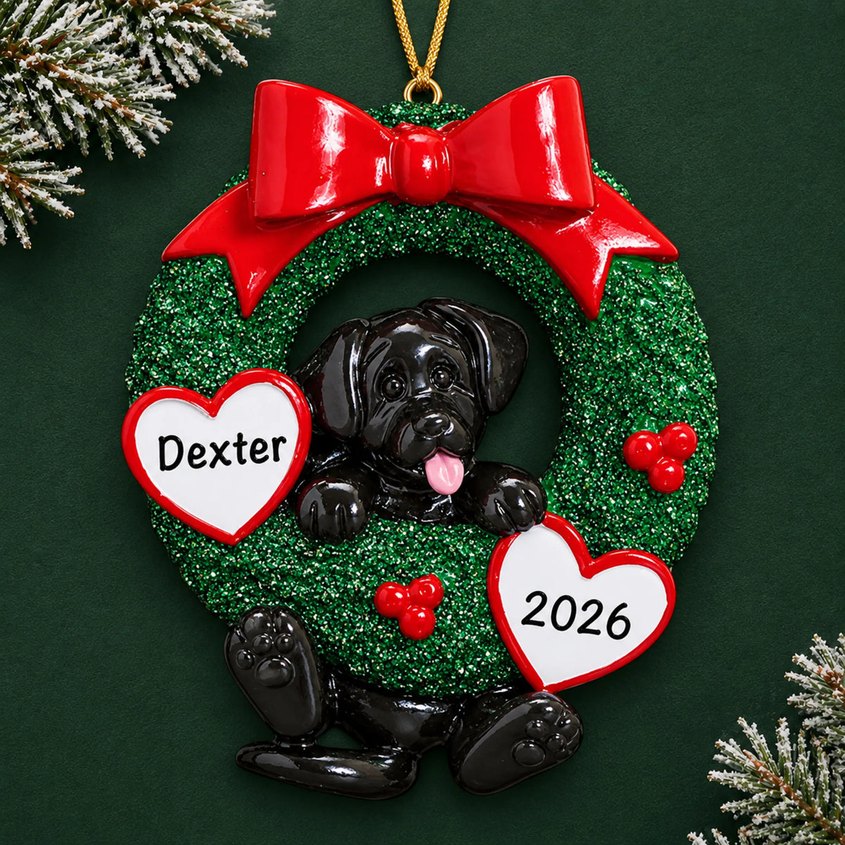 Personalized Black Lab Glitter Wreath christmas ornament on a dark green pine background