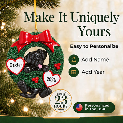 Make it yours: personalize the Black Lab Glitter Wreath christmas ornament with your dog's name and the year