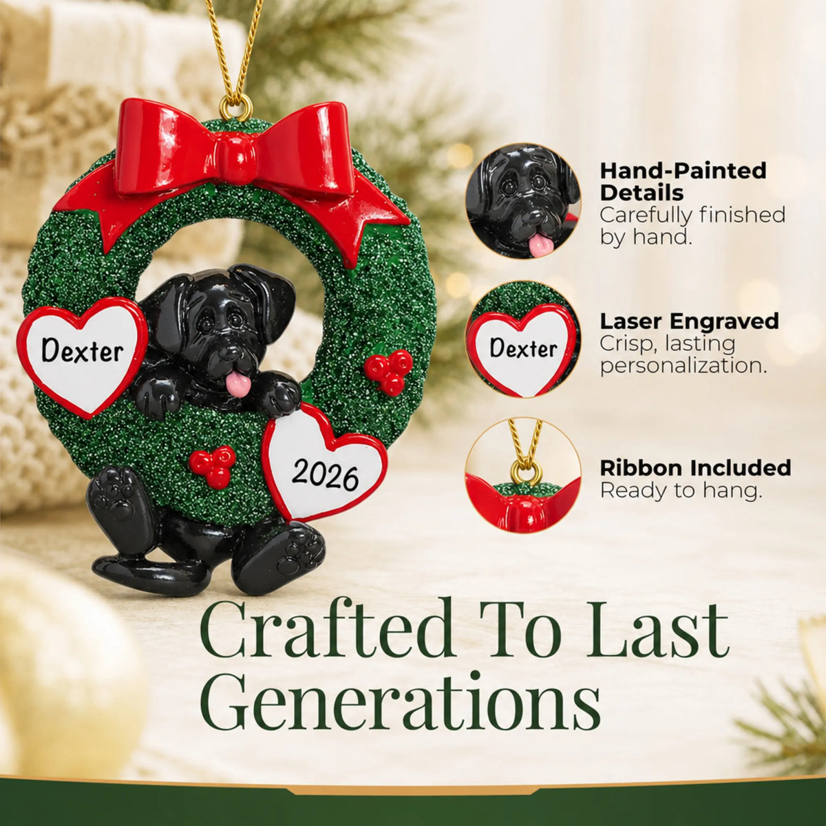 Hand-painted, laser engraved Black Lab Glitter Wreath christmas ornament, ribbon included