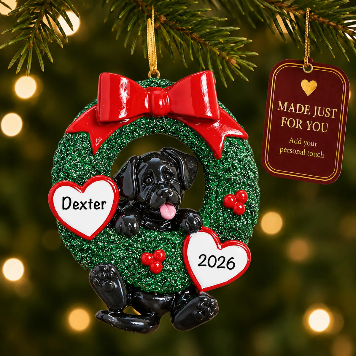 Black Lab Glitter Wreath christmas ornament hanging on a lit Christmas tree with a Made Just For You gift tag