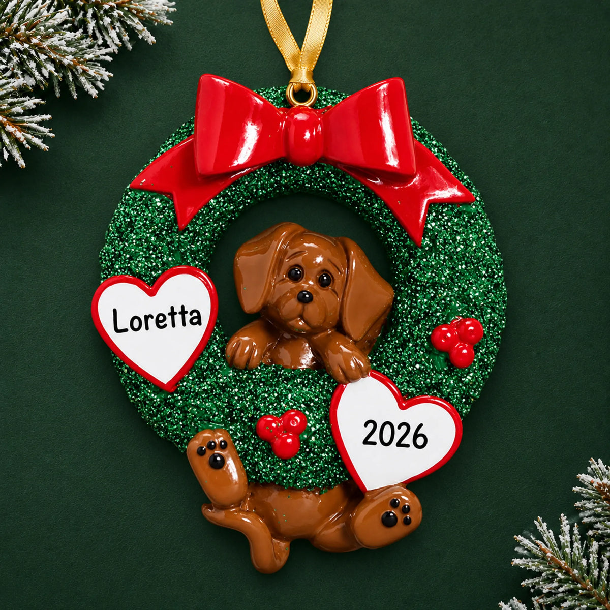 Personalized Dachshund Glitter Wreath christmas ornament on a dark green pine background