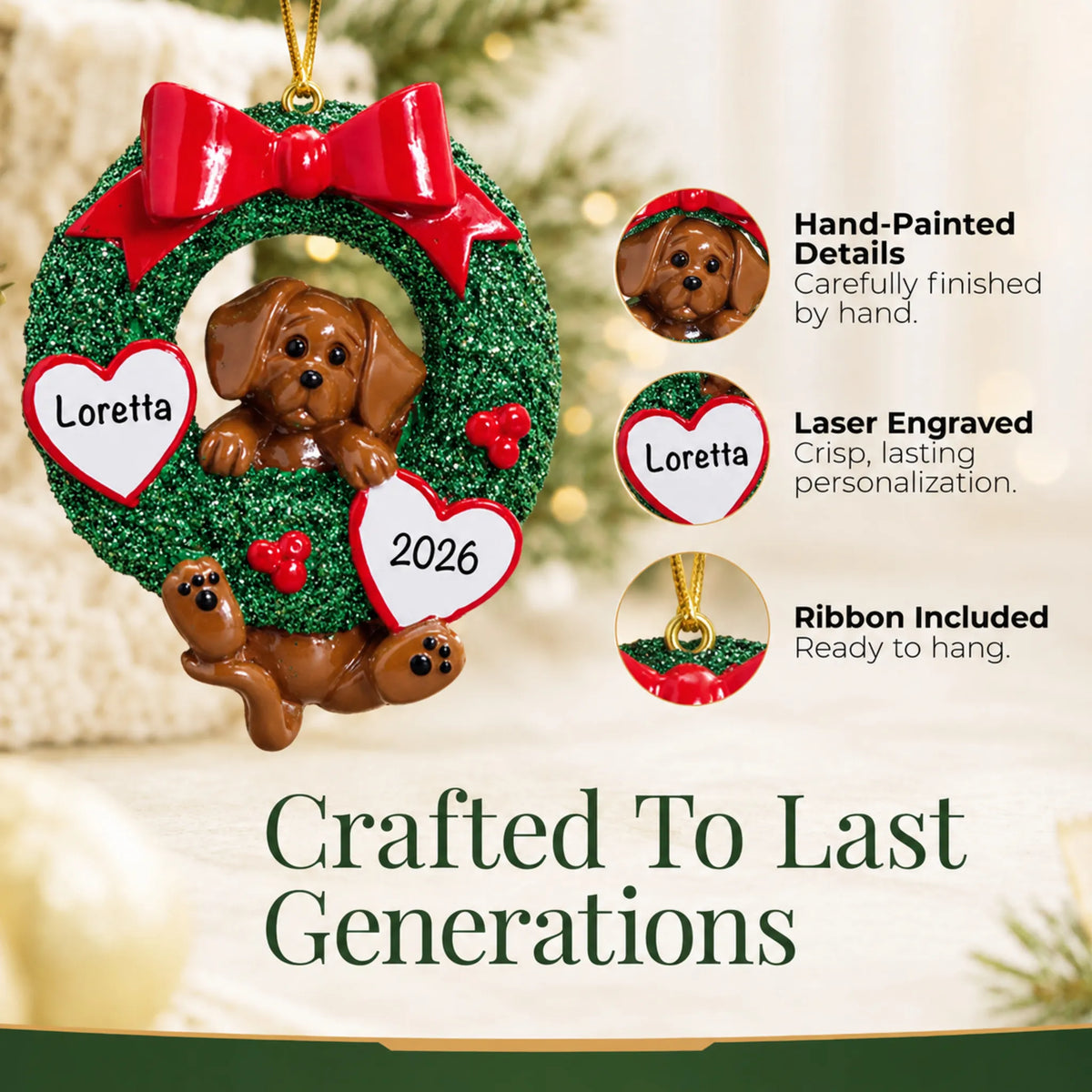 Hand-painted, laser engraved Dachshund Glitter Wreath christmas ornament, ribbon included